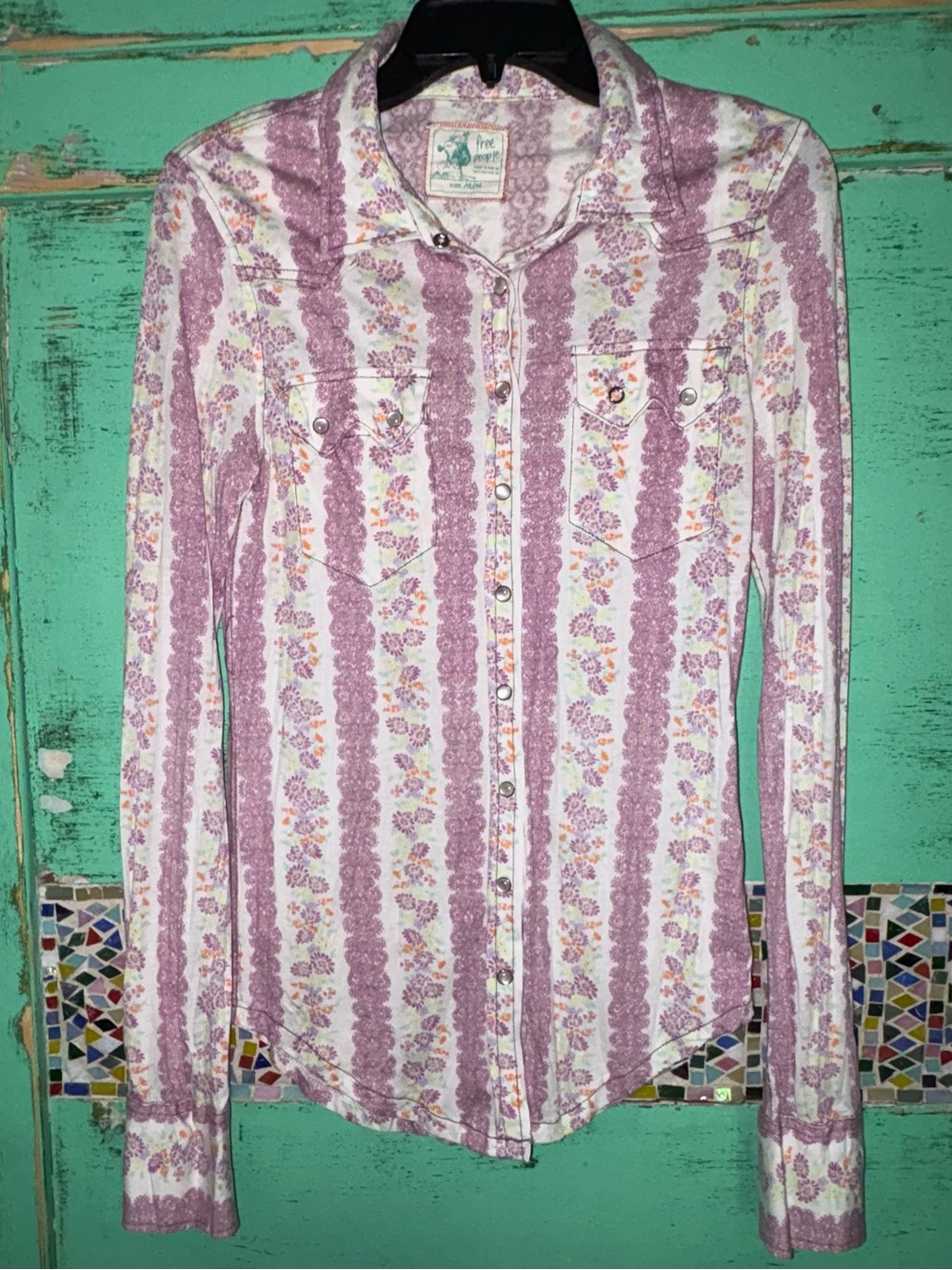 Free People Pink Lavender Floral Stripe Snap-Front Shirt